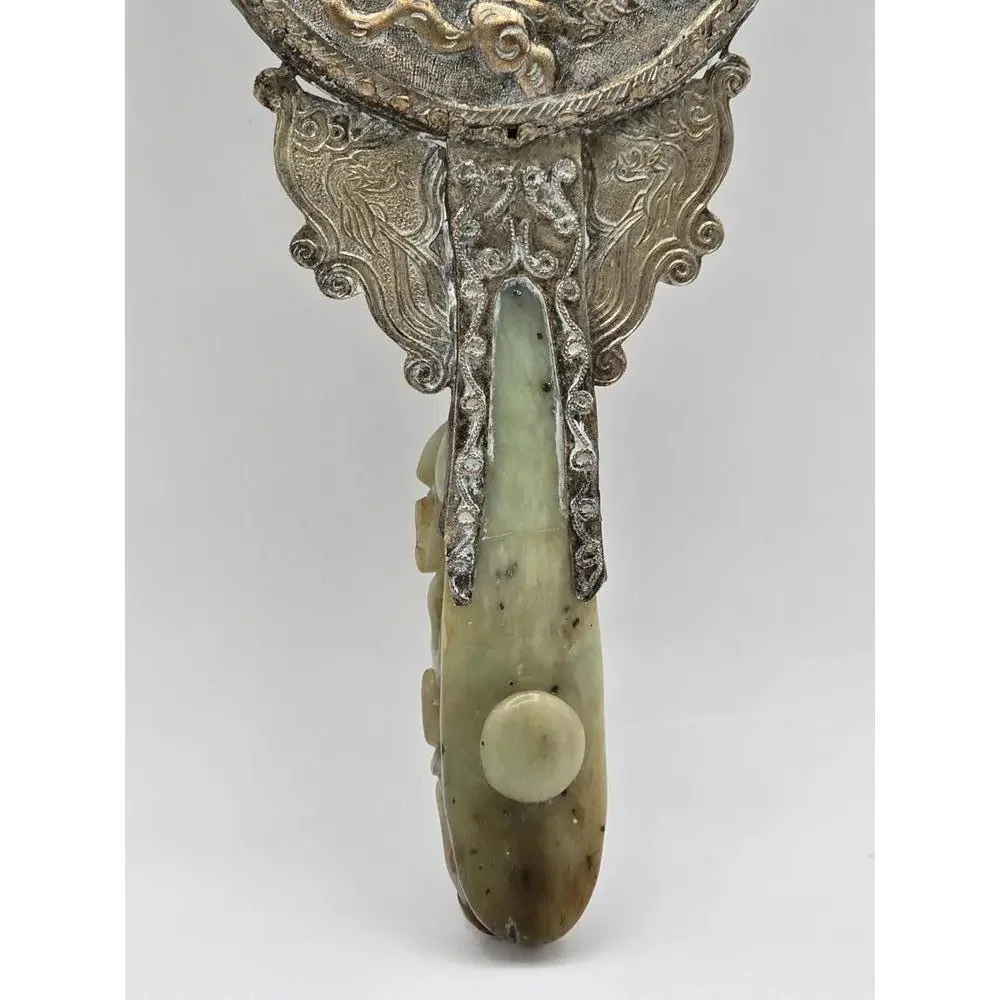 Antique Chinese Silver-plated Hand Mirror with Carved Jade Belt Hook Handle